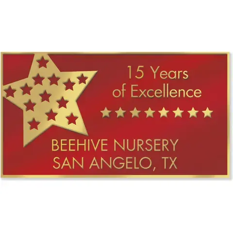 Rectangular company anniversary label with foil-like accents in digital format