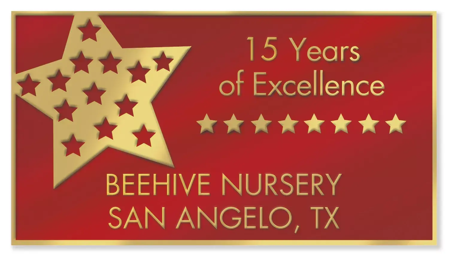 Rectangular company anniversary label with foil-like accents in digital format