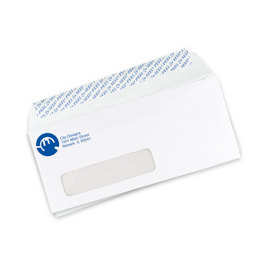 Custom #10 self-seal window envelopes showing the window and peel-and-seal strip on the back flap.