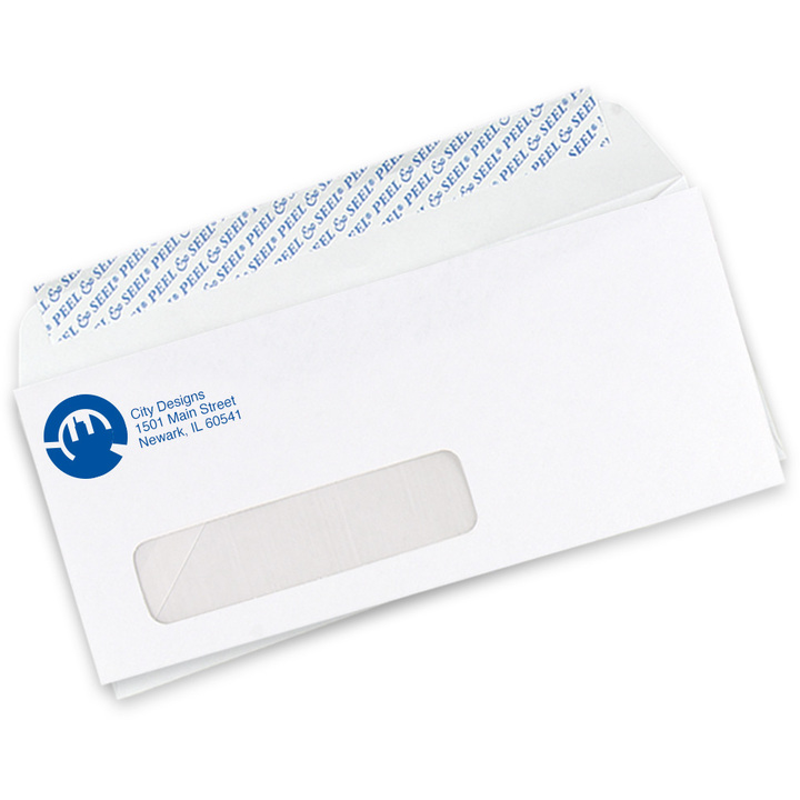 Custom #10 self-seal window envelopes showing the window and peel-and-seal strip on the back flap.