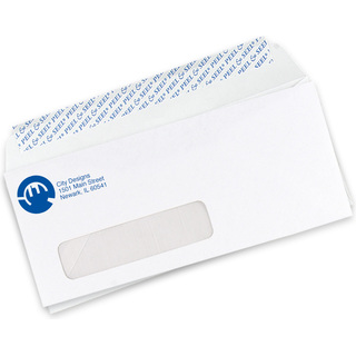 Custom #10 self-seal window envelopes showing the window and peel-and-seal strip on the back flap.