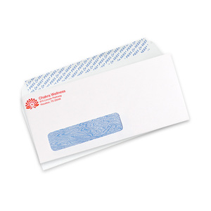 Custom #10 self-seal confidential window envelopes with security tinting and a business logo printed on the front.