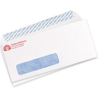 Custom #10 self-seal confidential window envelopes with security tinting and a business logo printed on the front.