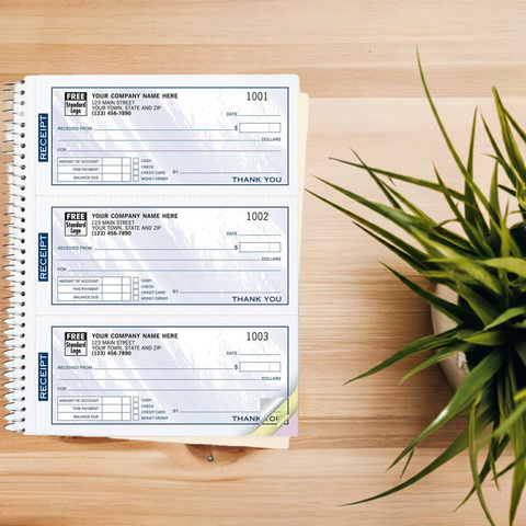 Custom, spiral-bound receipt book with 3 receipts per page