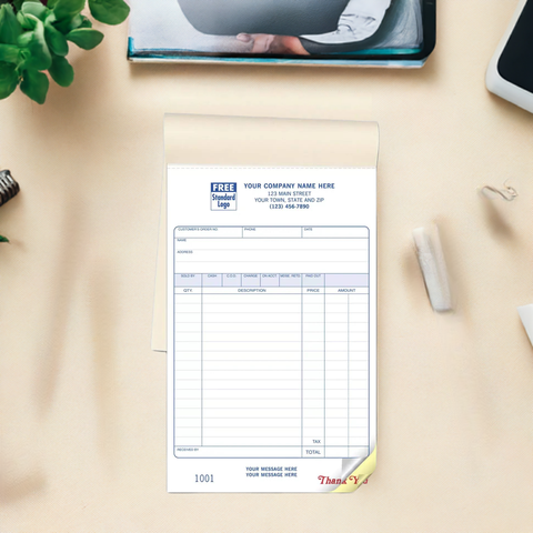 Carbonless sales books with custom text at bottom