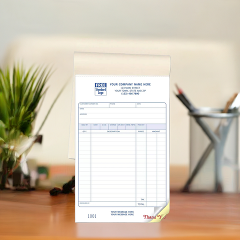 Customized sales book with custom text at bottom