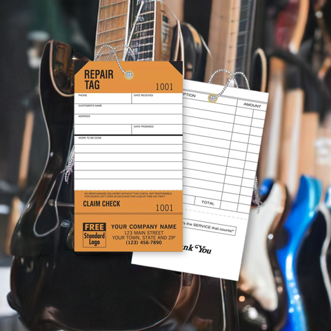 Custom printed repair tags for music instrument repair