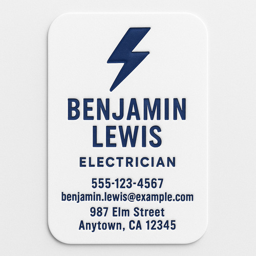 Custom business cards printed with blue raised ink and rounded corners