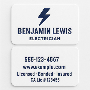 Custom business cards printed with blue raised ink and rounded corners on both sides