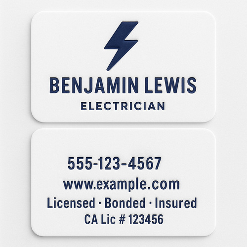 Custom business cards printed with blue raised ink and rounded corners on both sides