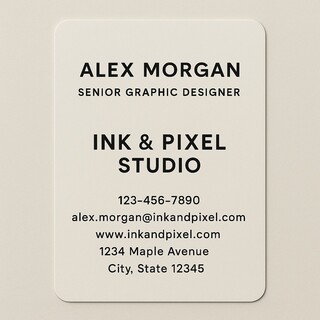 Custom business cards with round corners printed on natural white paper in black ink