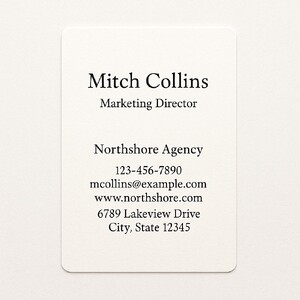 Custom natural white linen business cards with rounded corners printed in black ink