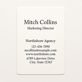 Custom natural white linen business cards with rounded corners printed in black ink