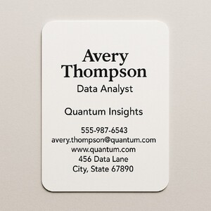 Custom business cards with rounded corners printed on natural white Strathmore stock in black ink