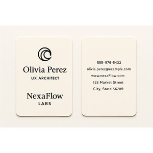 Double-sided business card with rounded corners on natural white paper with black ink