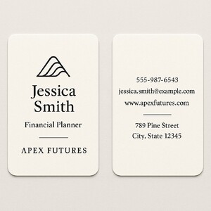 Double-sided natural white business cards with rounded corners and black ink