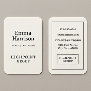 Custom two-sided natural white linen business cards with rounded corners in black ink