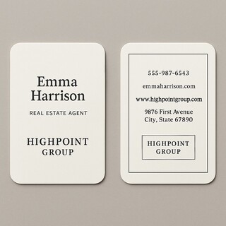 Custom two-sided natural white linen business cards with rounded corners in black ink