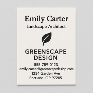 Custom made Strathmore business cards printed with raised ink (black only) on the front side