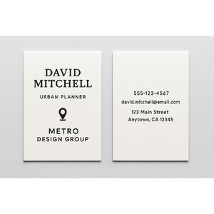 Custom business cards printed on thick natural white paper with raised ink (black only) on both sides