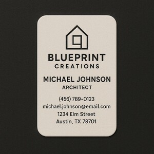 Natural white linen business card with round corners & raised black ink