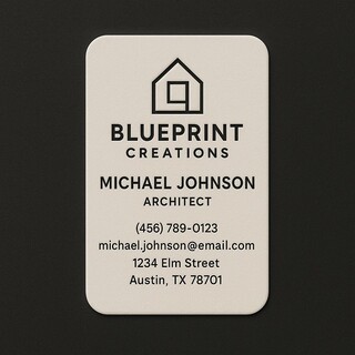 Natural white linen business card with round corners & raised black ink