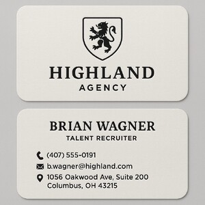 Custom business cards printed on premium linen paper with raised ink (black only) on both sides