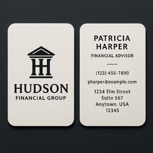 Business cards custom printed on premium natural white linen paper with raised ink (black only) on both sides