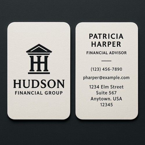 Business cards custom printed on premium natural white linen paper with raised ink (black only) on both sides