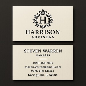 Natural white Strathmore business cards with raised black ink on both sides