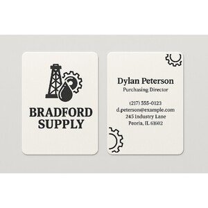 A heavyweight business card with rounded corners and black raised ink on both sides