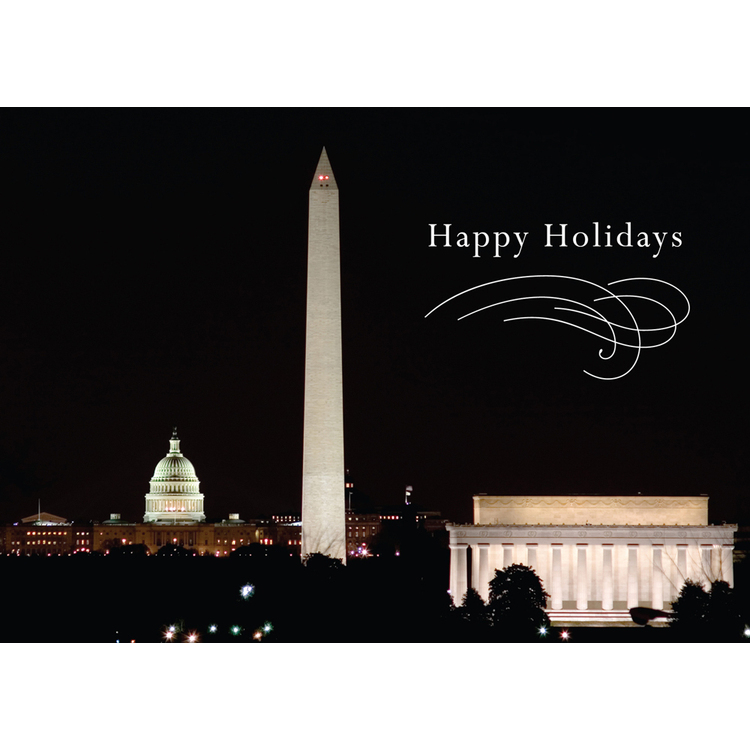 Custom business holiday cards with a night time view of the Capitol