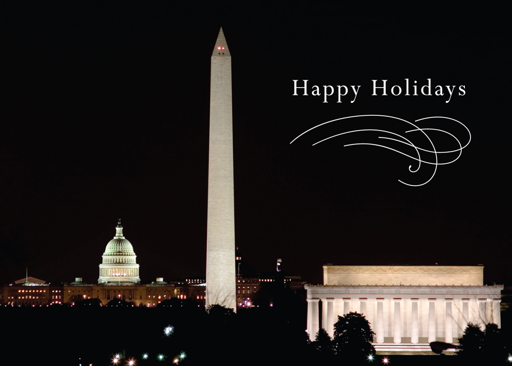 Custom business holiday cards with a night time view of the Capitol