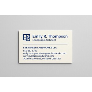Custom business cards printed in one ink color on warm white linen paper