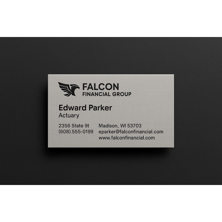Custom business cards printed on gray linen paper with 1 embossed ink color