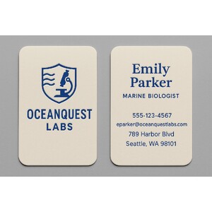 Natural-colored business cards with raised print in one ink color and round corners