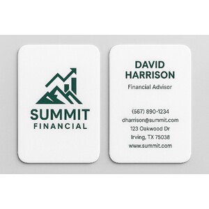 Linen business card with raised color ink on white linen paper and rounded corners