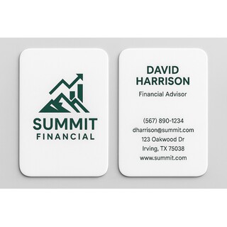 Linen business card with raised color ink on white linen paper and rounded corners