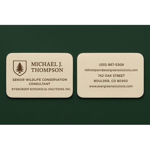 Linen business card with raised color ink on warm white linen paper & round corners
