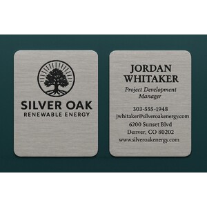 Business cards custom printed in raised ink with rounded edges on gray linen paper