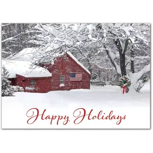 Custom printed holiday cards with an American flag on a snowy countryside barn