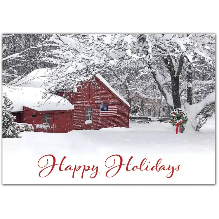 Custom printed holiday cards with an American flag on a snowy countryside barn
