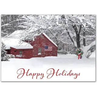 Custom printed holiday cards with an American flag on a snowy countryside barn