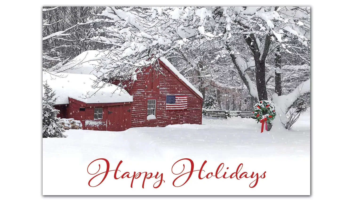 Custom printed holiday cards with an American flag on a snowy countryside barn