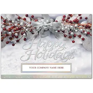 Corporate holiday greeting cards featuring red berries and silver accents