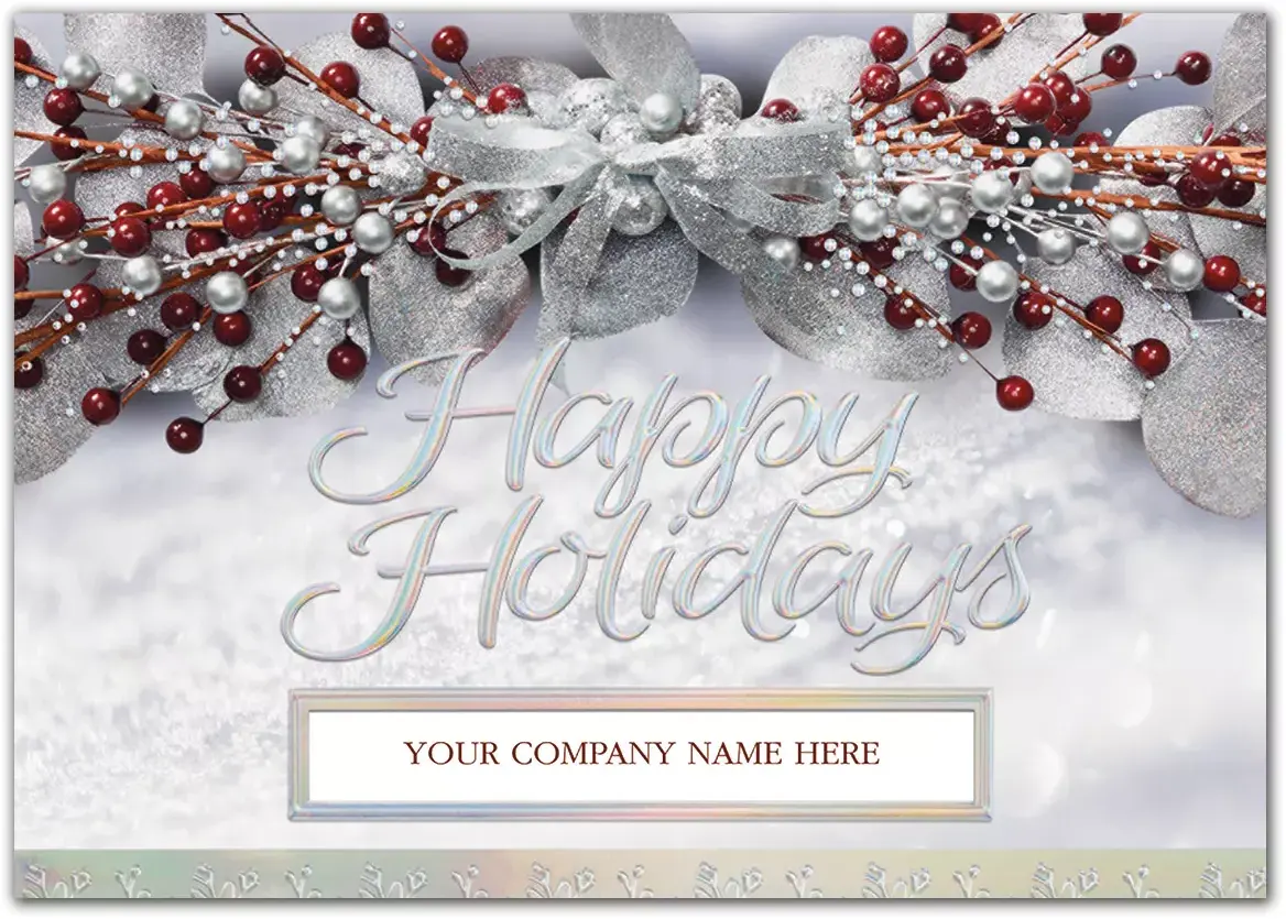 Corporate holiday greeting cards featuring red berries and silver accents