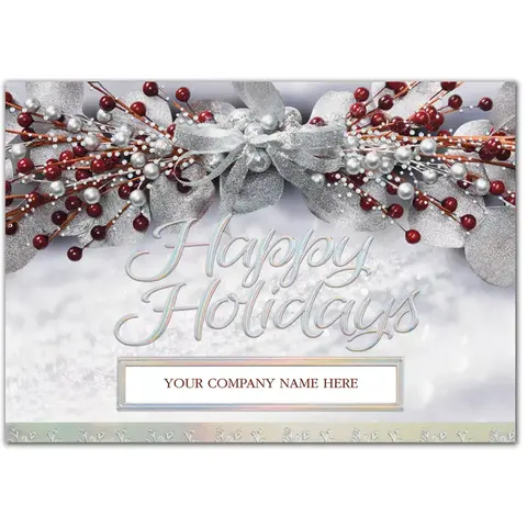 Corporate holiday greeting cards featuring red berries and silver accents