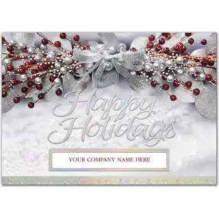 Corporate holiday greeting cards featuring red berries and silver accents