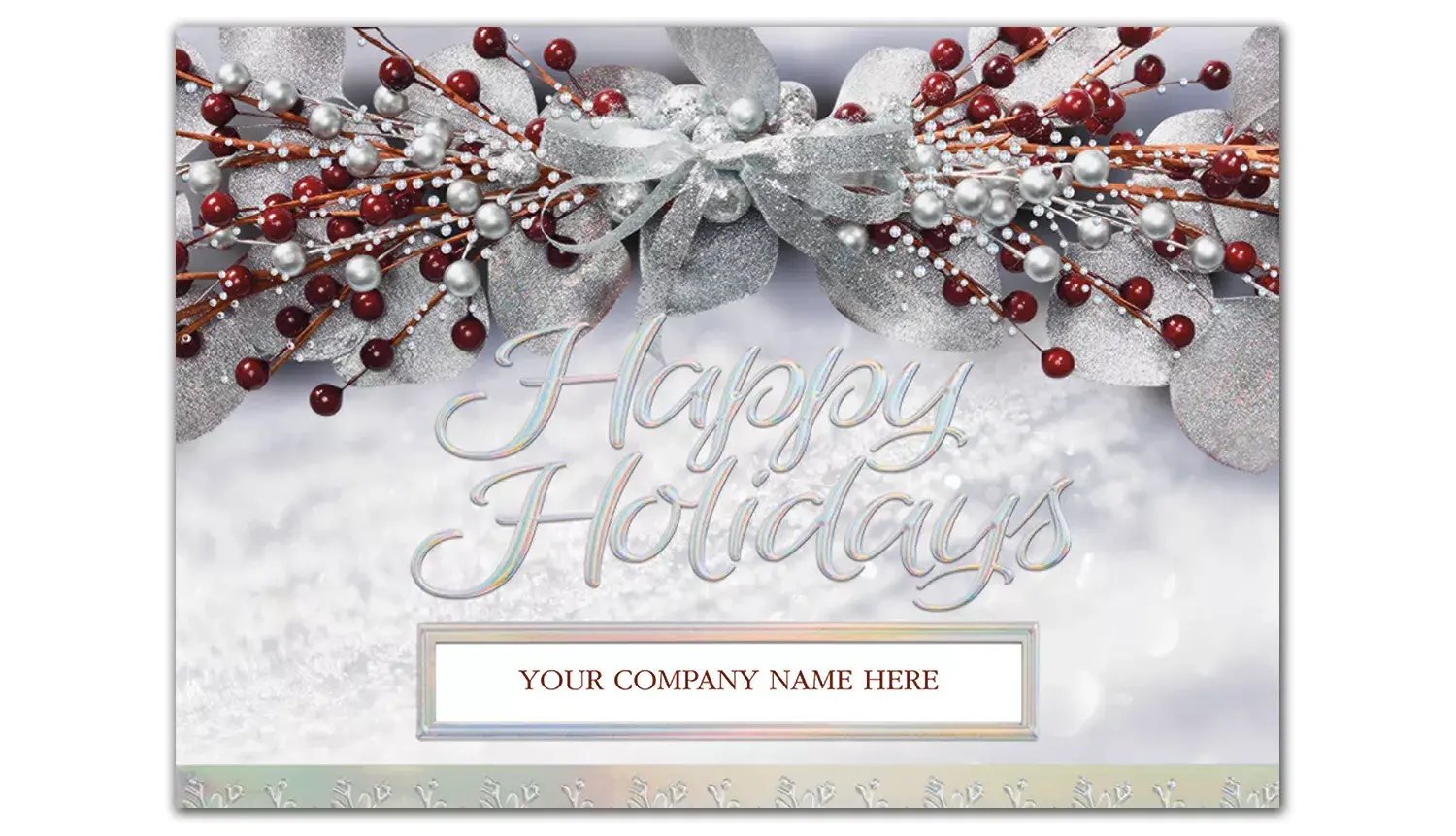 Corporate holiday greeting cards featuring red berries and silver accents
