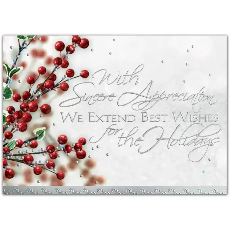 Custom business holiday greeting card with berries & silver accents